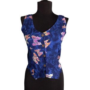 Bali Casuals S Top Vest Butterfly Print Blue Button Down Sleeveless Tie Back